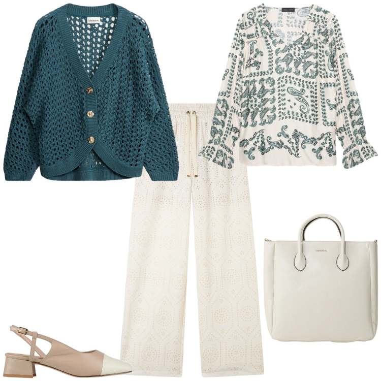 Outfit donna - Casual chic ufficio tempo libero. Stile Casual chic per Tutti i giorni. Abbinamento con décolleté, cardigans, borse a tracolla, bluse, pantaloni.