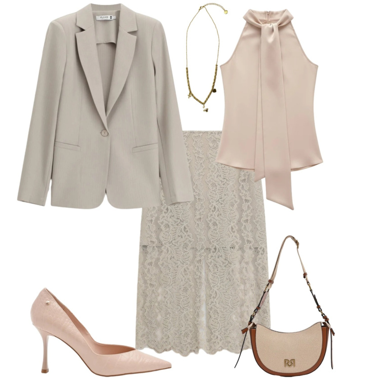 Outfit donna - Chic serata evento. Stile Chic per Serata fuori. Abbinamento con blazer, gonne longuette, borse a tracolla, décolleté, top, ciondoli.
