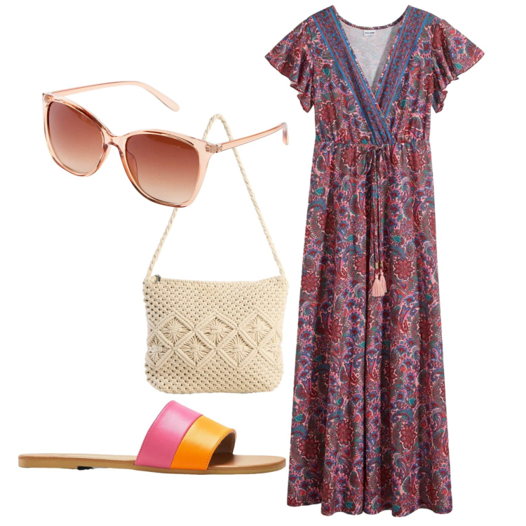 Outfit donna - Total look #2389069. Stile Boho per Mare. Abbinamento con vestiti lunghi, ciabatte, occhiali da sole, borse a tracolla.