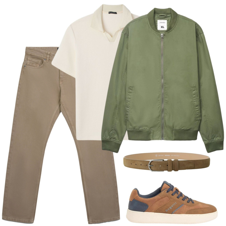 Outfit uomo - Smart in primavera. Stile Casual per Tutti i giorni. Abbinamento con sneakers, jeans, bomber, polo, cinture.