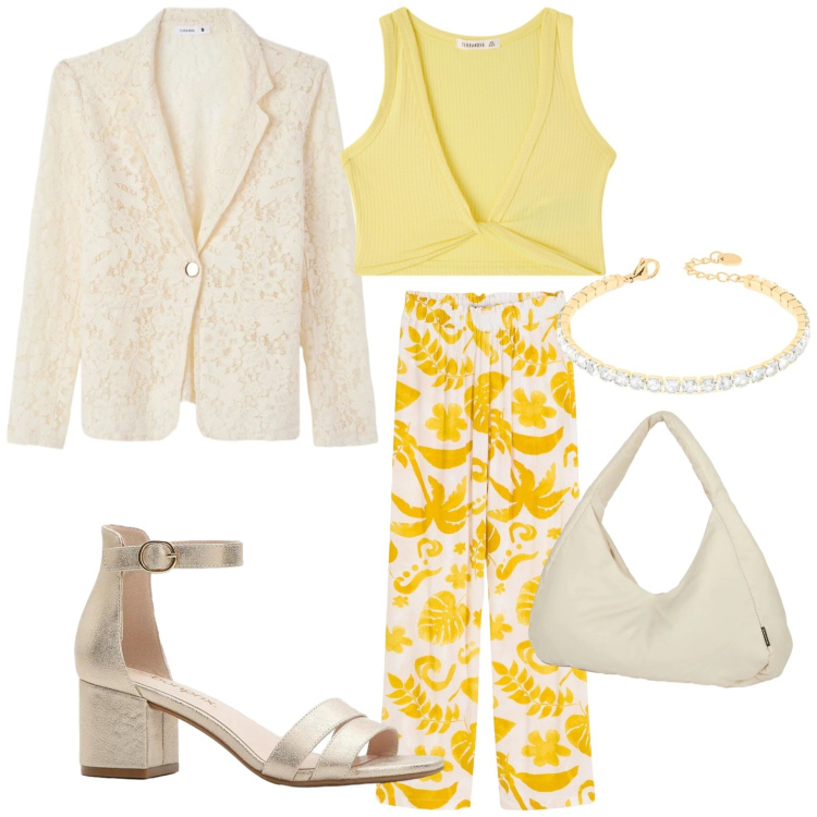 Outfit donna - Pantaloni a fiori. Stile Minimal per Tutti i giorni. Abbinamento con pantaloni, sandali col tacco, top, blazer, braccialetti, borse a spalla.