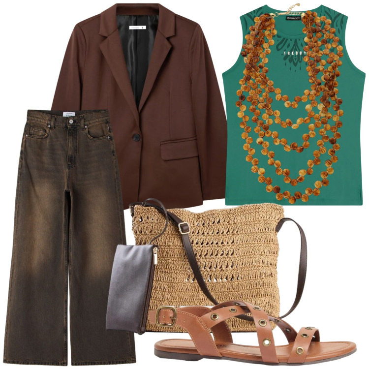 Outfit donna - La borsa di rafia. Stile Basic per Tutti i giorni. Abbinamento con borse a tracolla, sandali, blazer, jeans, collane, top.