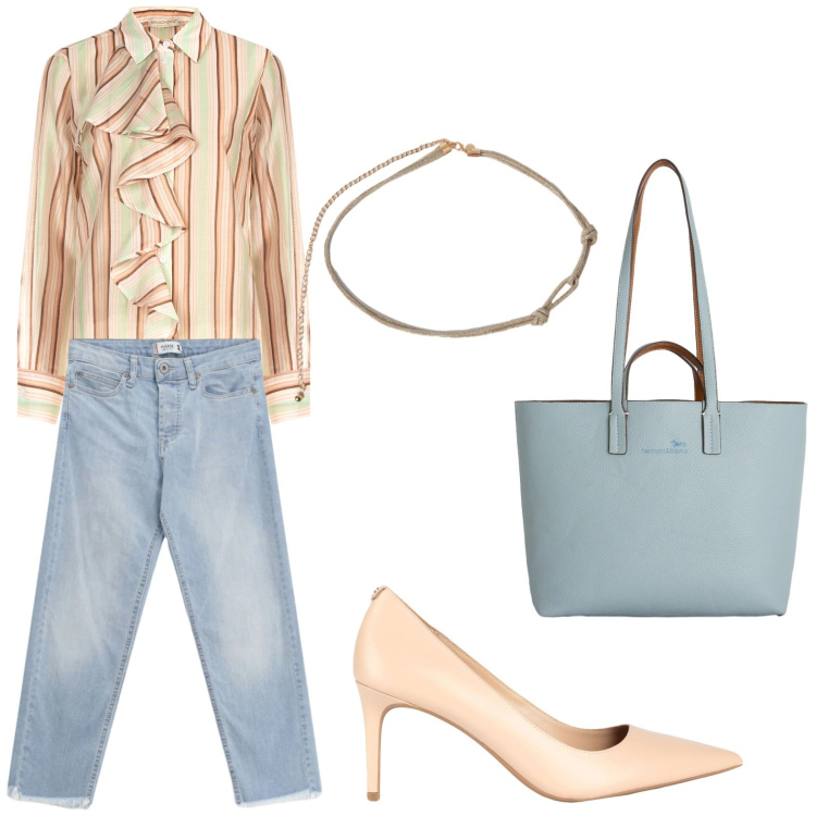 Outfit donna - Camicia con rouches. Stile Minimal per Tutti i giorni. Abbinamento con décolleté, cinture, camicie, jeans, shopping bag.