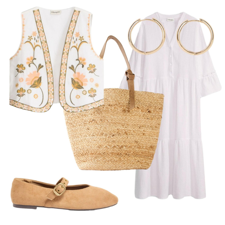 Outfit donna - Hippie vibes. Stile Boho per Tutti i giorni. Abbinamento con gilet, vestiti chemisier, orecchini, shopping bag, ballerine.