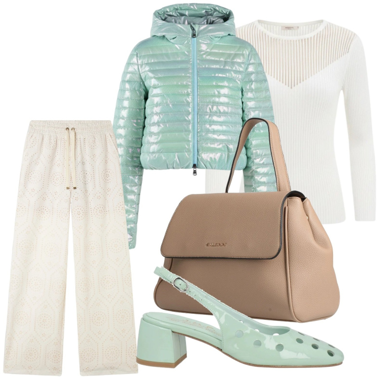 Outfit donna - Slingback acquamarina. Stile Minimal per Tutti i giorni. Abbinamento con décolleté, zaini, maglieria, pantaloni, piumini.