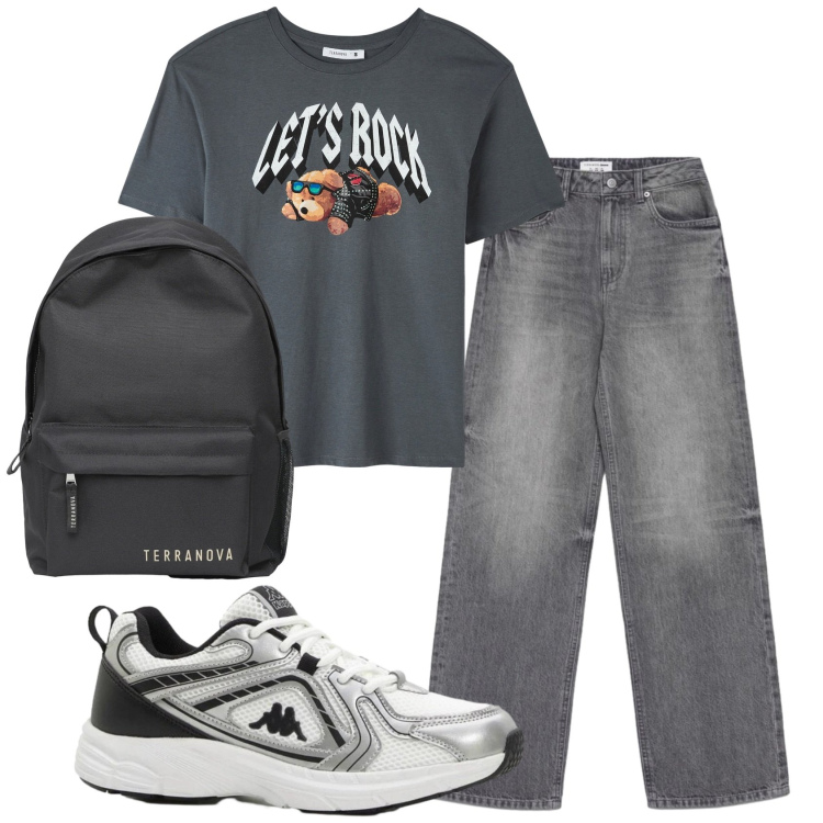 Outfit donna - Total look #2389107. Stile Casual per Scuola/Università. Abbinamento con sneakers, t-shirt, zaini, jeans.