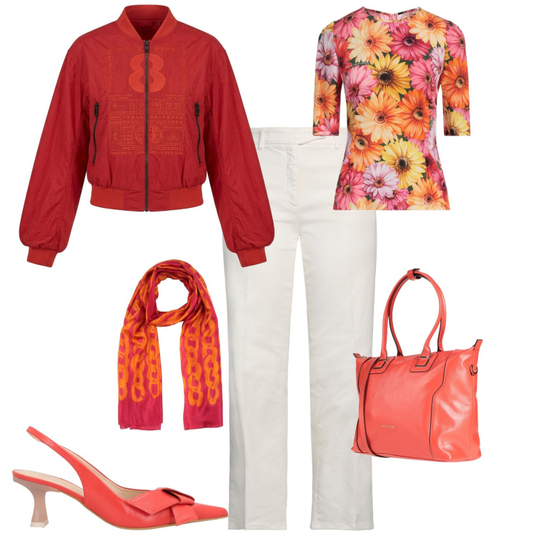 Outfit donna - Sporty chic ufficio tempo libero. Stile Sporty chic per Tutti i giorni. Abbinamento con zaini, décolleté, sciarpe, top, jeans dritti, bomber.