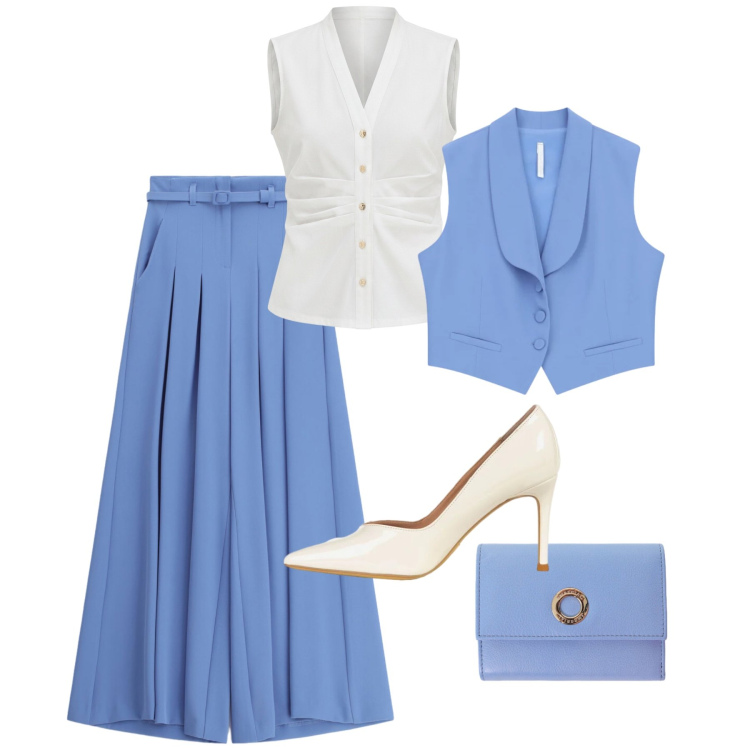 Outfit donna - Ceruleo di sera. Stile Chic per Serata fuori. Abbinamento con gilet, pantaloni a palazzo, portafogli, décolleté, camicie a manica corta.