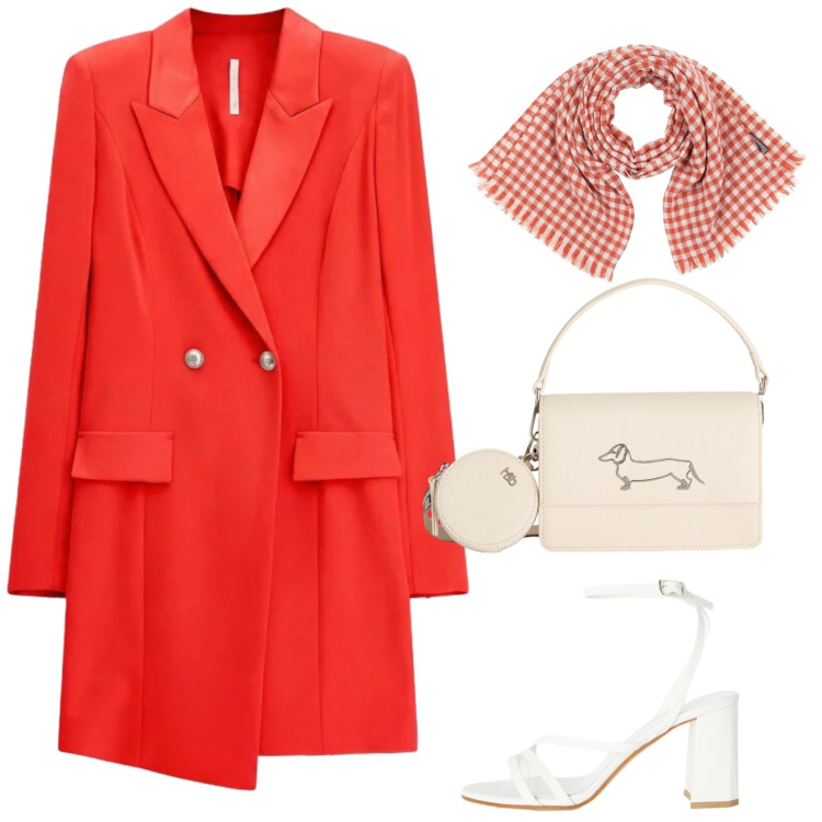 Outfit donna - Tra il rosso e il bianco. Stile Casual chic per Ufficio. Abbinamento con sciarpe, vestiti corti, sandali in pelle, borse a tracolla.