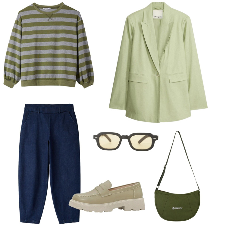 Outfit donna - Green card. Stile Casual chic per Tutti i giorni. Abbinamento con mocassini, blazer, t-shirt, jeans, occhiali da sole, borse a spalla.