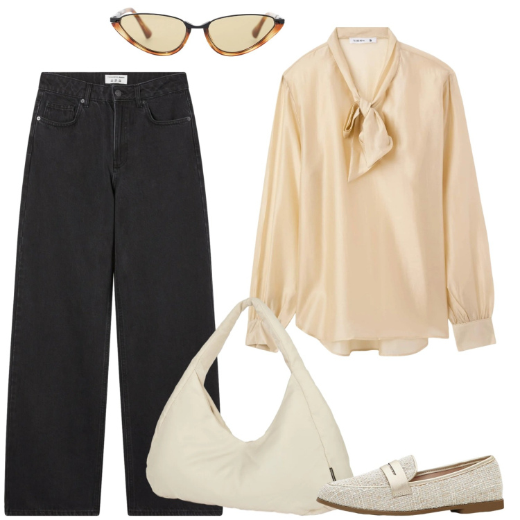 Outfit donna - La blusa favolosa. Stile Casual chic per Ufficio. Abbinamento con mocassini, jeans, bluse, occhiali da sole, borse a spalla.