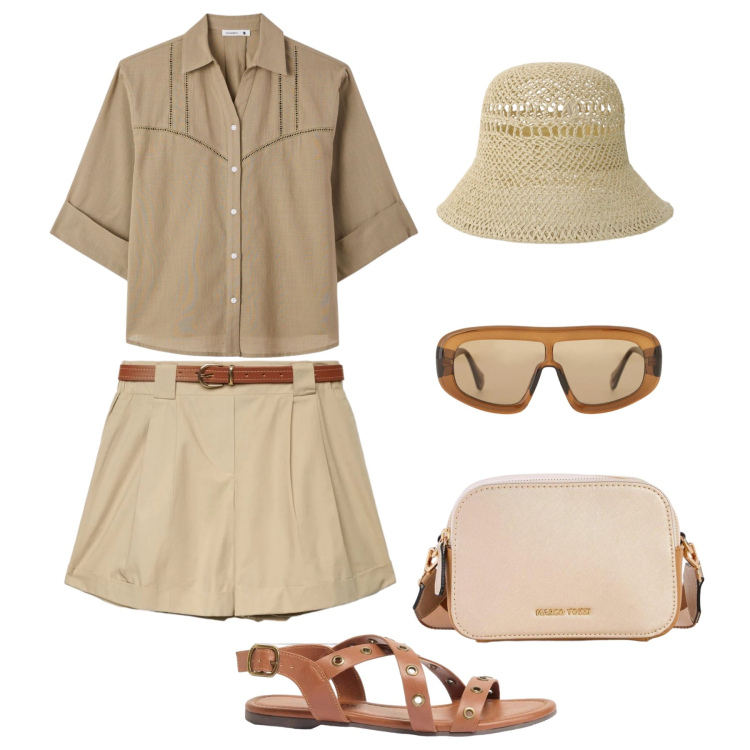 Outfit donna - In città sotto il sole. Stile Casual per Tutti i giorni. Abbinamento con borse a tracolla, sandali, shorts, camicie a manica corta, occhiali da sole, cappelli.