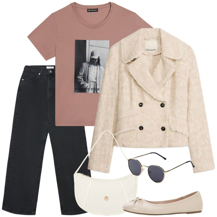 Outfit donna - A\' la francaise. Stile Casual per Scuola/Università. Abbinamento con ballerine, occhiali da sole, blazer, jeans, borse a mano, t-shirt.