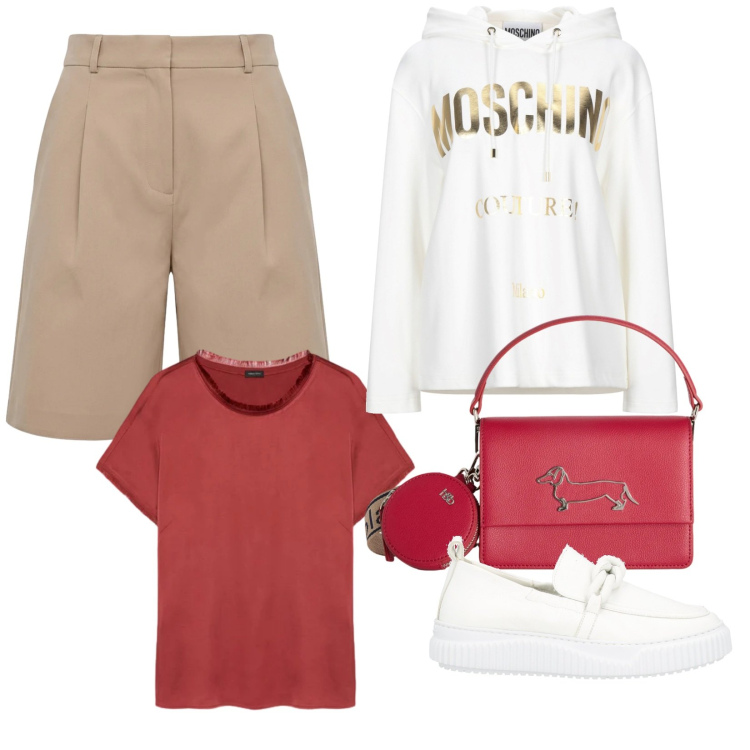 Outfit donna - Passeggiata al mare. Stile Casual per Tutti i giorni. Abbinamento con mocassini, felpe con cappuccio, t-shirt, bermuda, borse a tracolla.
