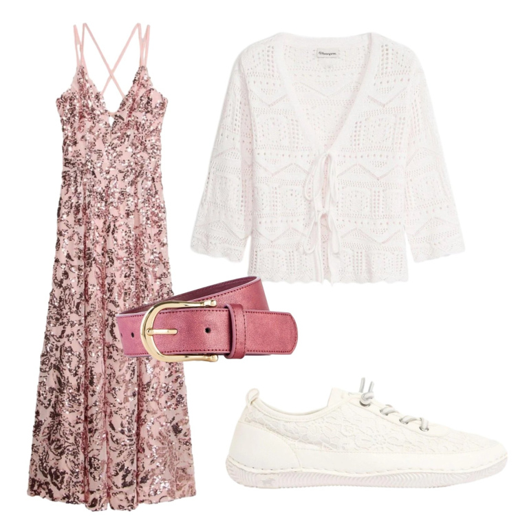 Outfit donna - Primavera. Stile Romantica Abbinamento con cardigans, sneakers, cinture, vestiti lunghi.