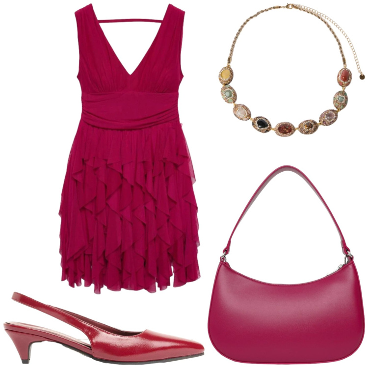 Outfit donna - Vestito rosso per la sera. Stile Glamour per Serata fuori. Abbinamento con décolleté, vestiti, borse a tracolla, collane.