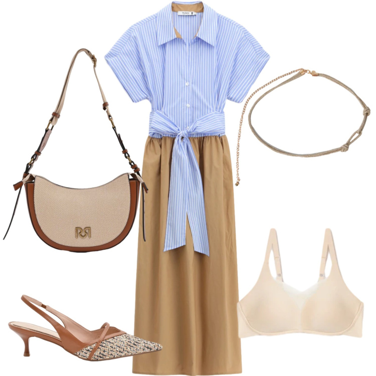 Outfit donna - City Riviera. Stile Preppy per Tutti i giorni. Abbinamento con reggiseni, cinture, vestiti midi/longuette, borse a tracolla, décolleté.