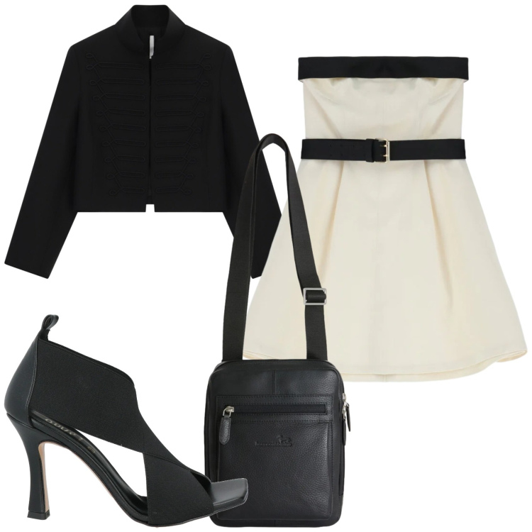 Outfit donna - Bianco e nero di sera. Stile Glamour per Serata fuori. Abbinamento con sandali in pelle, vestiti corti, blazer, borse sportive.
