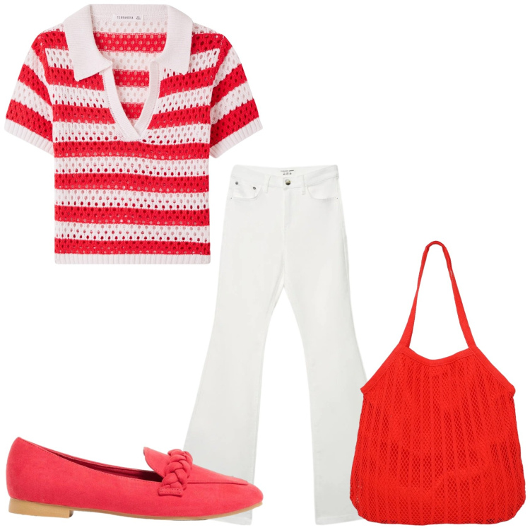 Outfit donna - A righe per un giorno. Stile Trendy per Tutti i giorni. Abbinamento con mocassini, t-shirt, jeans a zampa, shopping bag.
