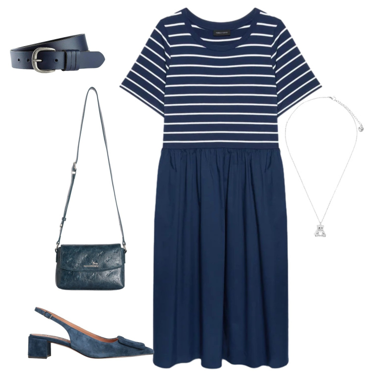 Outfit donna - Fascino Senza Tempo. Stile Casual chic per Tutti i giorni. Abbinamento con décolleté, cinture, borse a tracolla, vestiti, ciondoli.