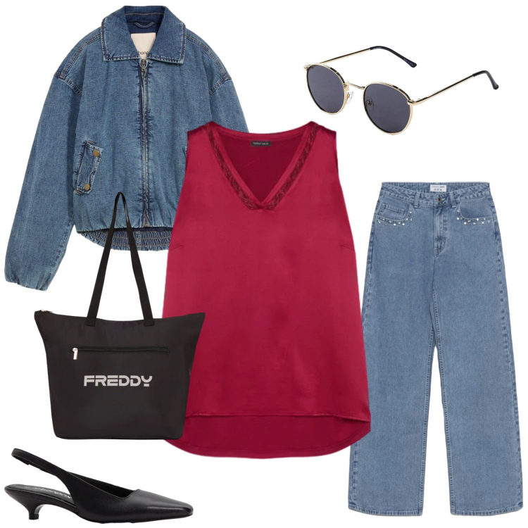 Outfit donna - Denim & Rubino. Stile Casual chic per Tutti i giorni. Abbinamento con occhiali da sole, bomber, décolleté, jeans, top, shopping bag.