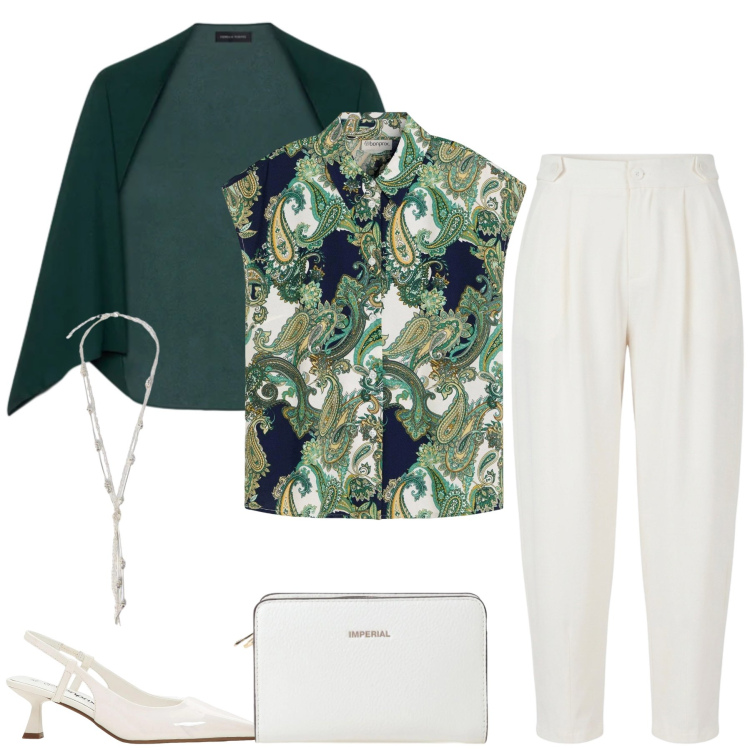 Outfit donna - Armonia Floreale. Stile Casual chic per Tutti i giorni. Abbinamento con camicie, décolleté, pantaloni, borse a tracolla, blazer, collane.