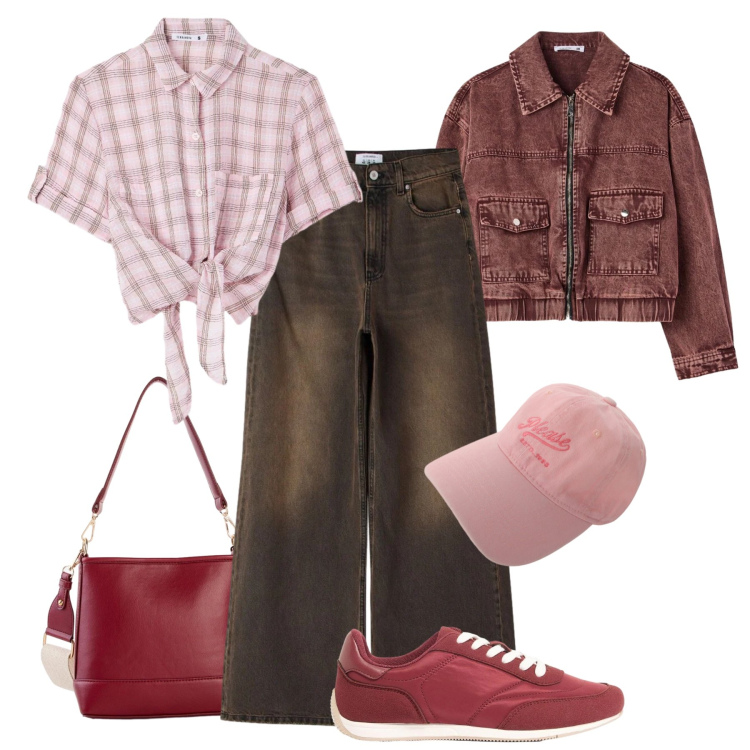 Outfit donna - Tempo libero urbano. Stile Urban per Tutti i giorni. Abbinamento con sneakers, borse a tracolla, camicie a manica corta, jeans, bomber, cappelli.
