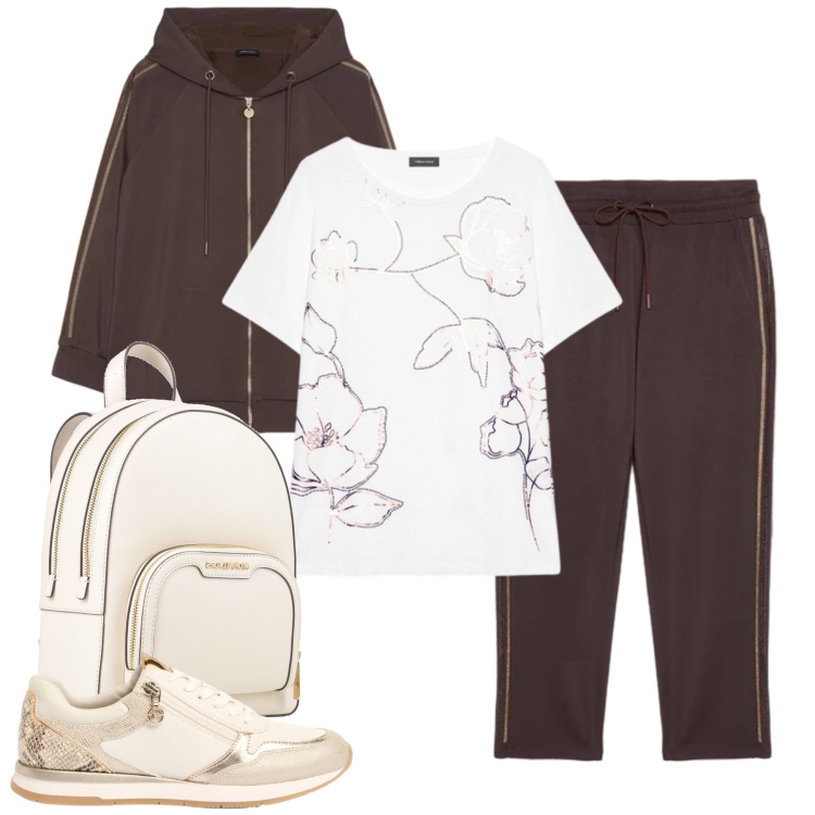 Outfit donna - Athleisure Chic. Stile Casual chic per Tutti i giorni. Abbinamento con zaini, sneakers, t-shirt, felpe con cappuccio, pantaloni.