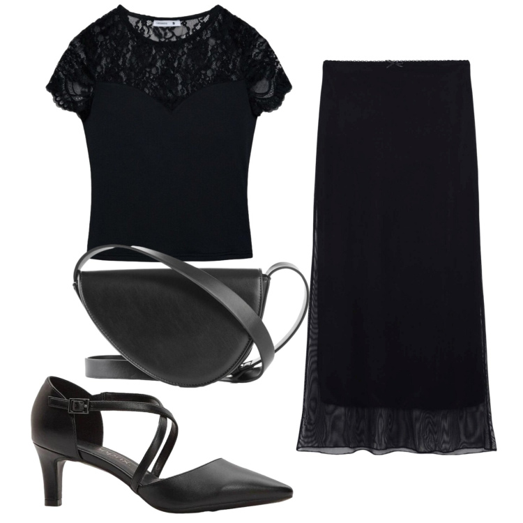 Outfit donna - Total look #2389141. Stile Romantica per Serata fuori. Abbinamento con borse a tracolla, décolleté, gonne lunghe, t-shirt.
