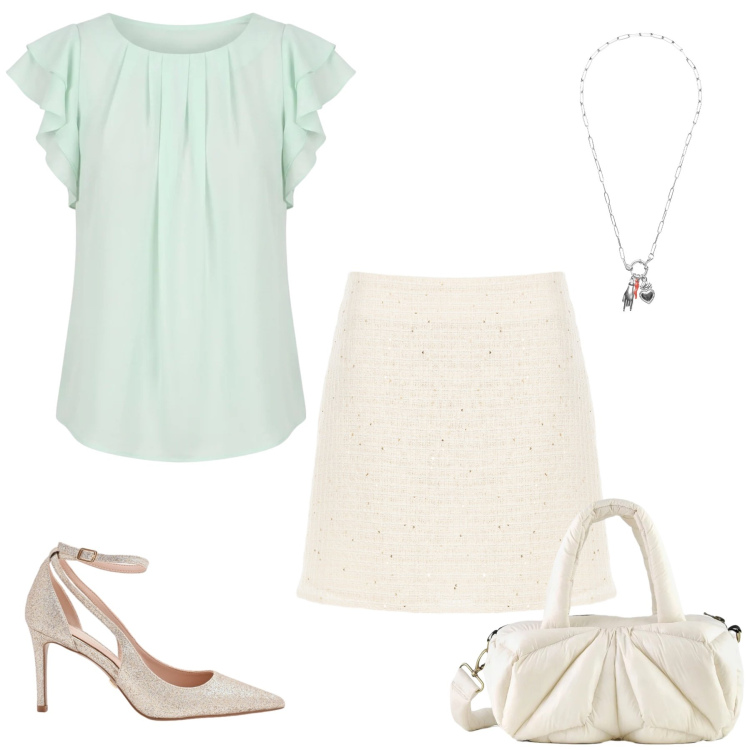 Outfit donna - Brezza Pastello. Stile Glamour per Cerimonia. Abbinamento con canottiere, minigonne, décolleté, ciondoli, borse a mano.