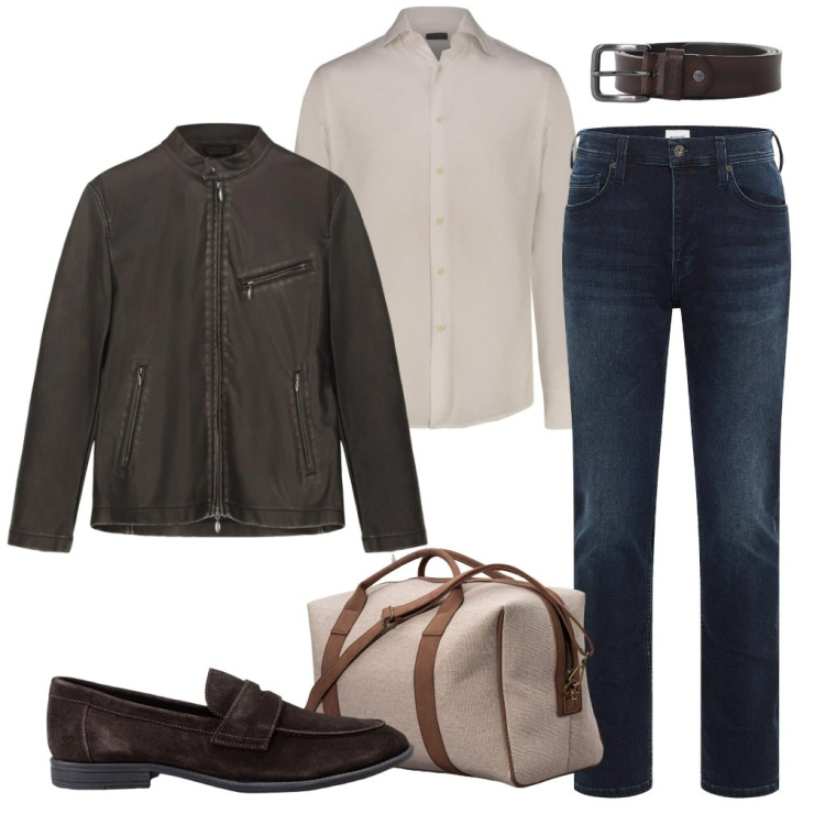 Outfit uomo - #viaggio.di.lavoro. Stile Trendy per Tutti i giorni. Abbinamento con jeans slim fit, cinture, giacche, camicie, scarpe stringate, borse sportive.