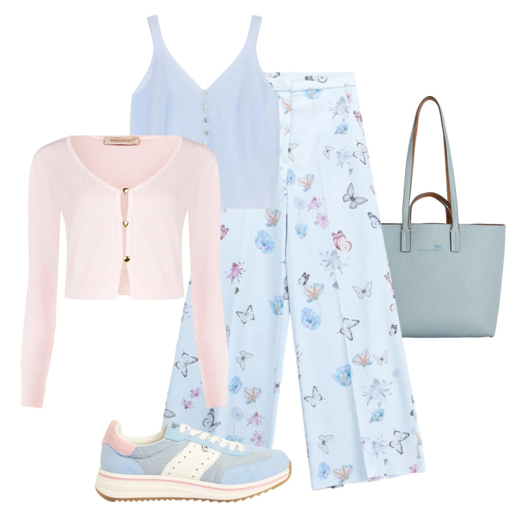 Outfit donna - Eleganza comoda. Stile Casual chic per Tutti i giorni. Abbinamento con sneakers, pantaloni a palazzo, top, cardigans, shopping bag.