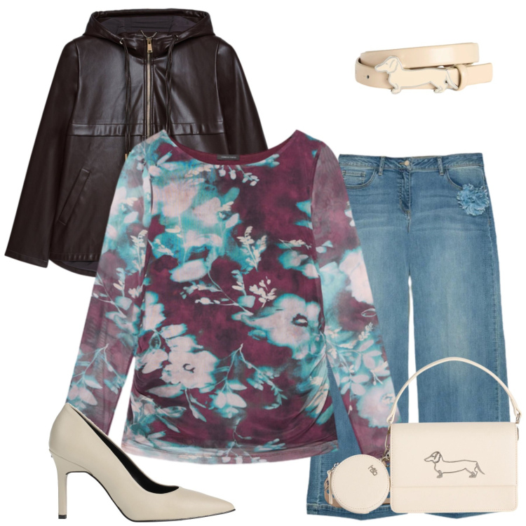 Outfit donna - Urban Petal. Stile Casual chic per Tutti i giorni. Abbinamento con décolleté, blazer, t-shirt, jeans, cinture, borse a tracolla.