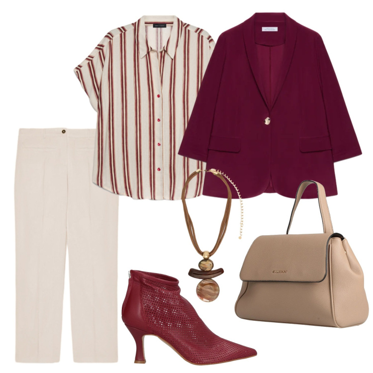 Outfit donna - Lunedì in ufficio. Stile Casual chic per Ufficio. Abbinamento con zaini, stivaletti, pantaloni, blazer, ciondoli, camicie a manica corta.