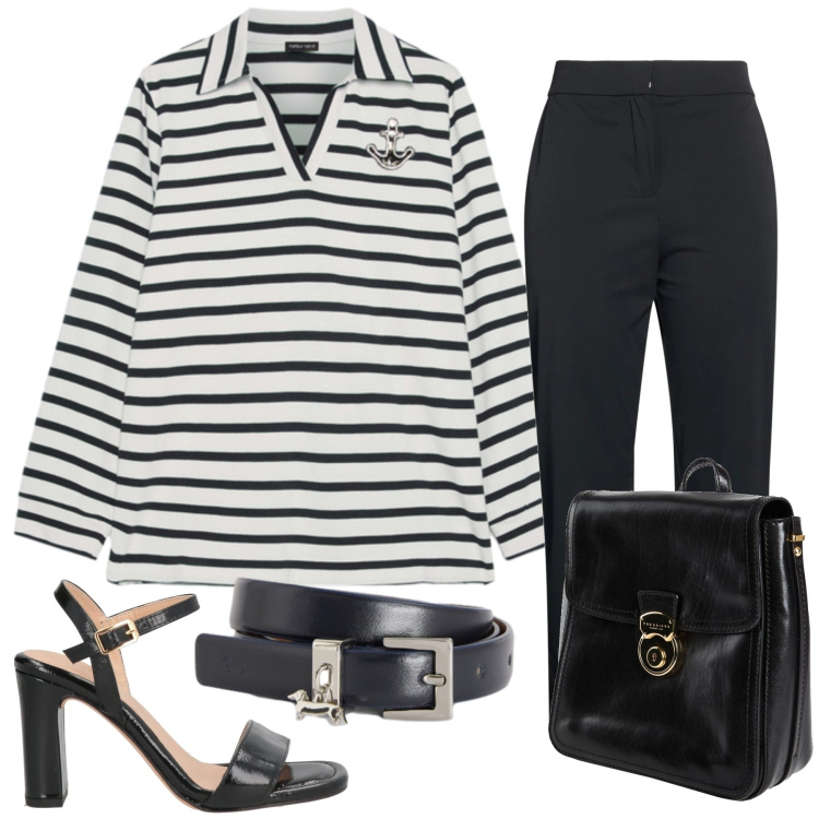 Outfit donna - Cruise Elegance. Stile Casual chic per Tutti i giorni. Abbinamento con sandali in pelle, zaini, pantaloni, polo, cinture.