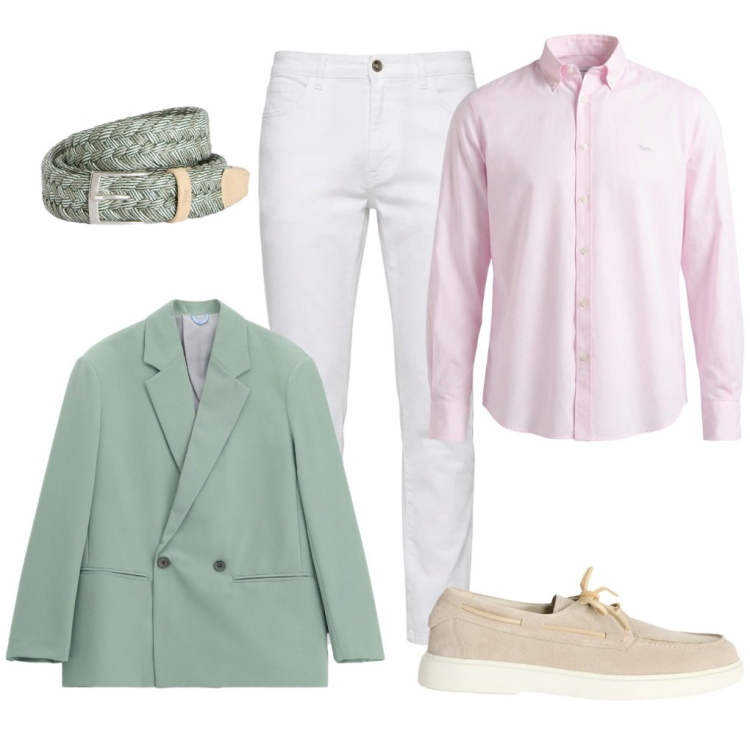 Outfit uomo - #pastello. Stile Casual per Ufficio. Abbinamento con giacche, scarpe stringate, camicie, cinture, jeans.