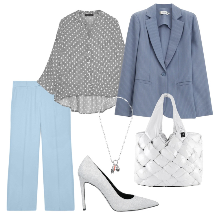 Outfit donna - I colori del cielo. Stile Chic per Cerimonia. Abbinamento con décolleté, camicie, pantaloni, blazer, ciondoli, borse tote.