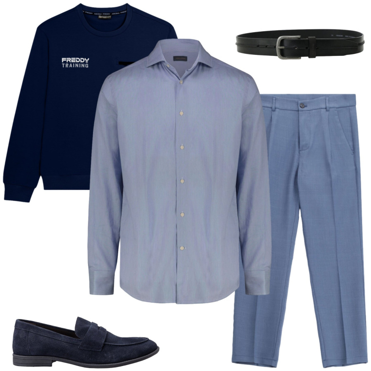 Outfit uomo - Blue Monochrome. Stile Urban per Tutti i giorni. Abbinamento con pantaloni, cinture, felpe, camicie, scarpe stringate.