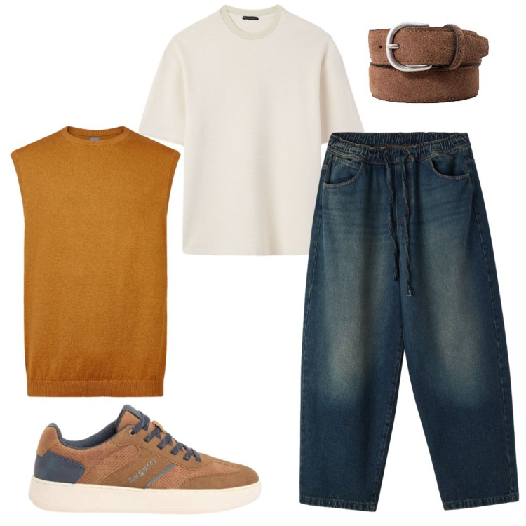 Outfit uomo - #a.scuola. Stile Urban per Tutti i giorni. Abbinamento con sneakers, jeans, t-shirt, gilet, cinture.