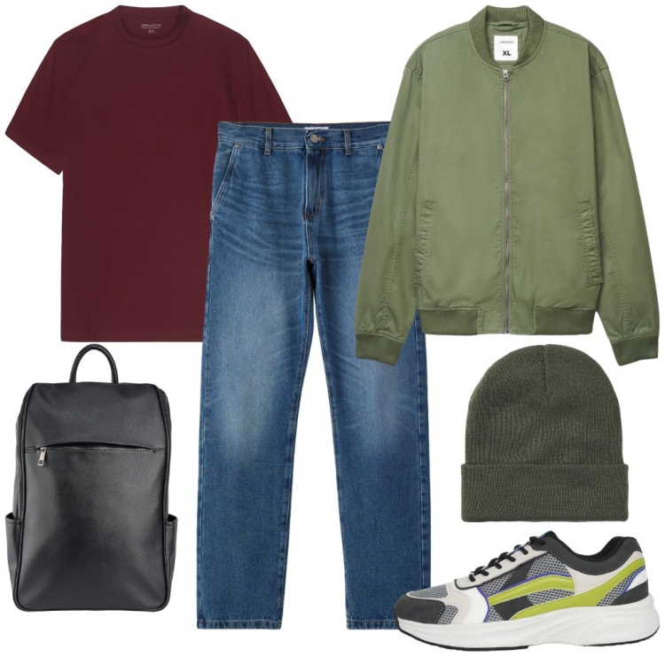 Outfit uomo - #mattina.presto. Stile Urban per Tutti i giorni. Abbinamento con berretti, sneakers, bomber, jeans dritti, borse sportive, t-shirt.