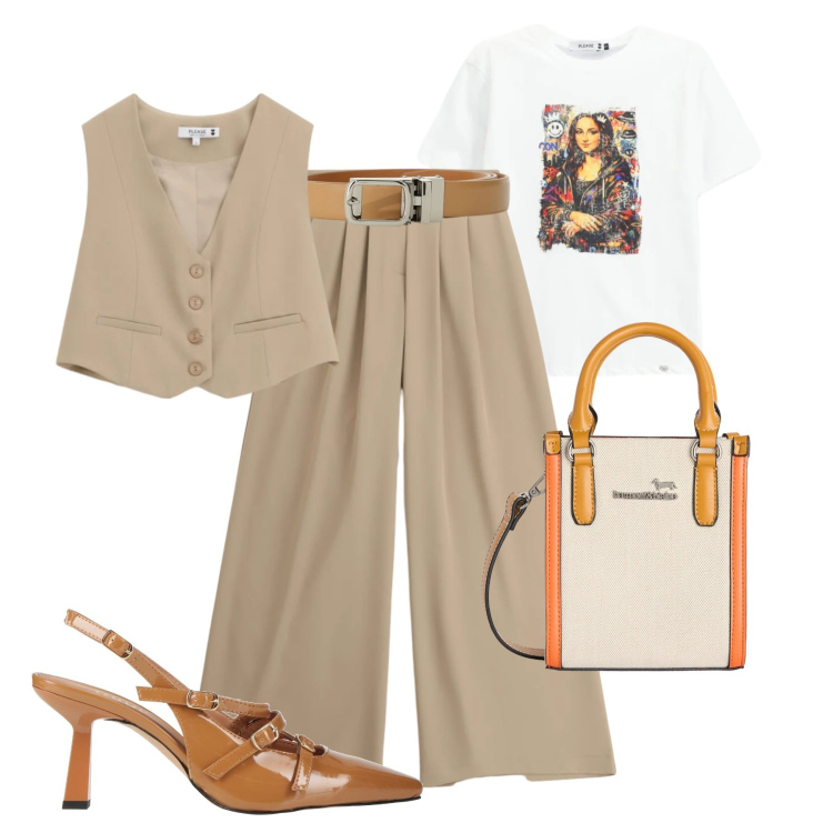 Outfit donna - “Mona Lisa Smile”. Stile Casual chic per Tutti i giorni. Abbinamento con décolleté, cinture, pantaloni a palazzo, gilet, t-shirt, borse tote.