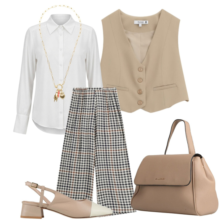 Outfit donna - I quadretti in ufficio. Stile Bon Ton per Tutti i giorni. Abbinamento con zaini, décolleté, gilet, pantaloni a palazzo, camicie, ciondoli.