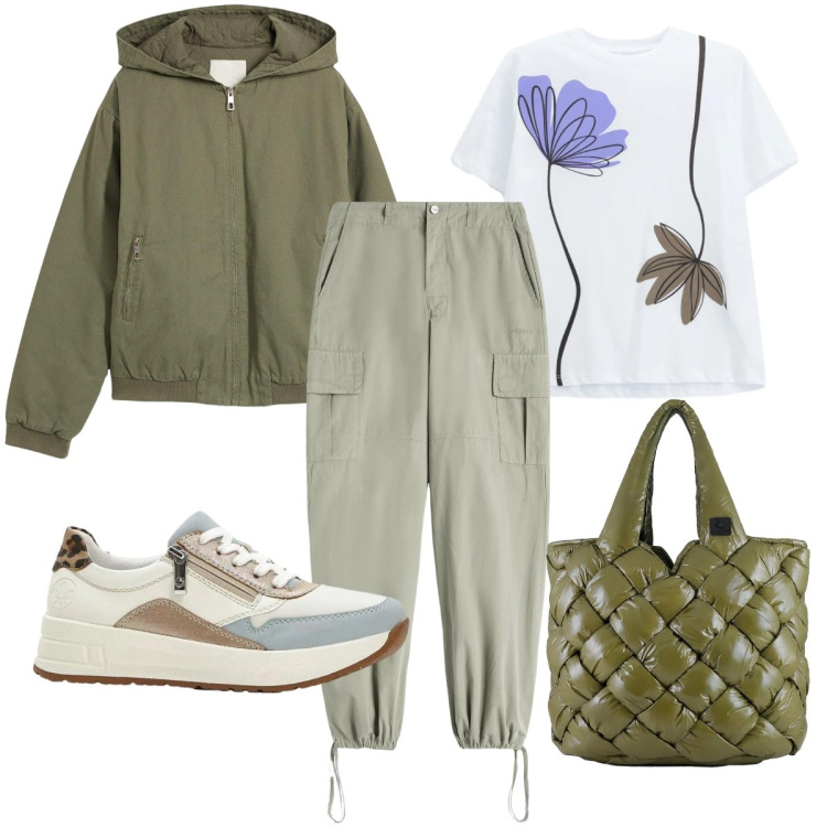 Outfit donna - Tempo libero. Stile Casual per Tutti i giorni. Abbinamento con blazer, sneakers, t-shirt, pantaloni cargo, borse tote.