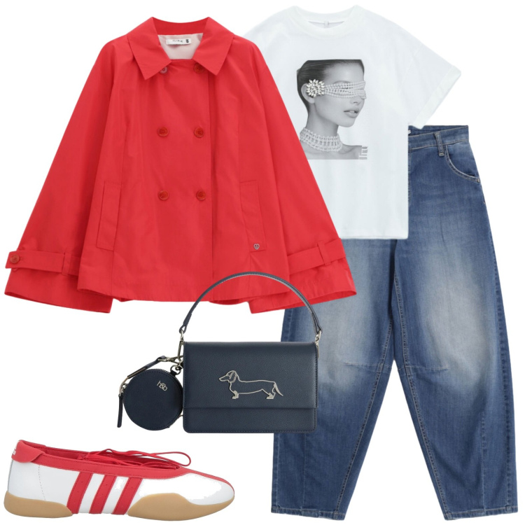 Outfit donna - Soprabito rosso. Stile Casual chic per Tutti i giorni. Abbinamento con ballerine, t-shirt, jeans, giacche, borse a tracolla.