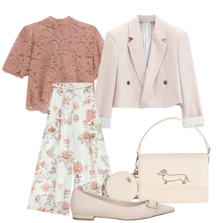 Outfit donna - Fiori time- Cocktail at seven o\'clock. Stile Romantica per Serata fuori. Abbinamento con ballerine, top, pantaloni a palazzo, blazer, borse a tracolla.