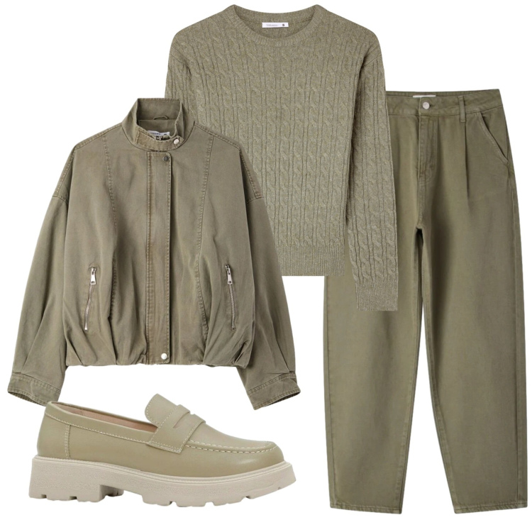Outfit donna - Total look #2389177. Stile Casual per Tutti i giorni. Abbinamento con mocassini, maglieria, bomber, pantaloni.