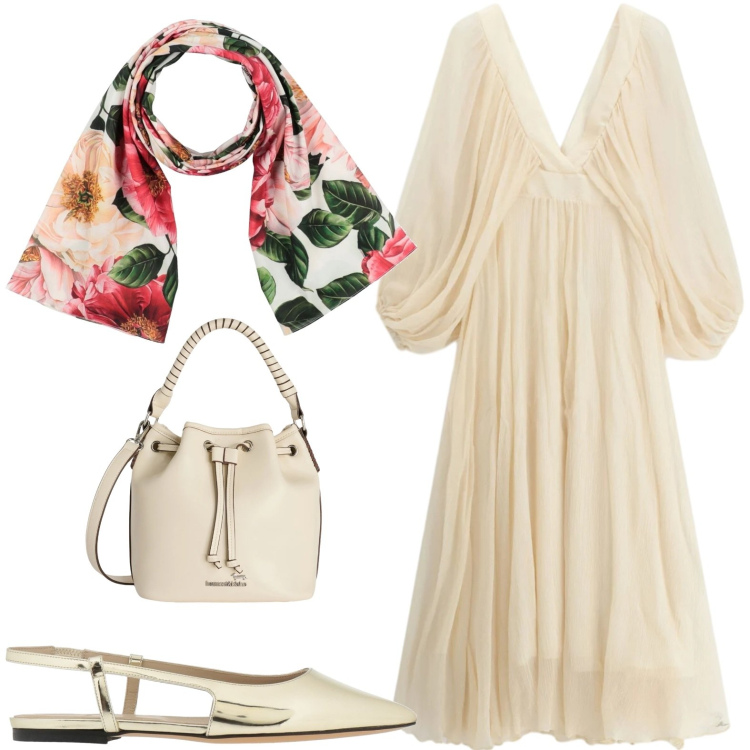 Outfit donna - Abito lungo per il giorno. Stile Glamour per Serata fuori. Abbinamento con sciarpe, ballerine, vestiti lunghi, borse a secchiello.