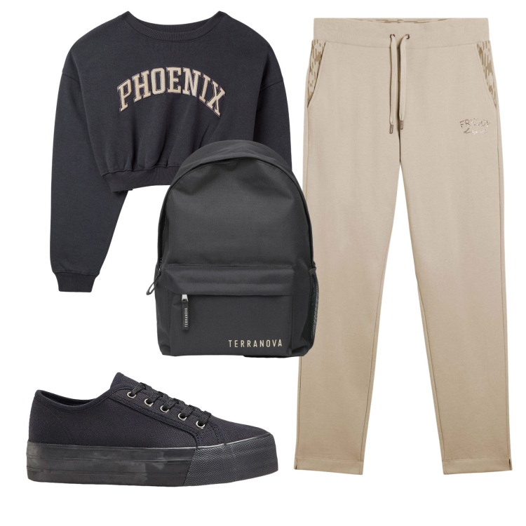 Outfit donna - Total look #2389181. Stile Casual per Tutti i giorni. Abbinamento con sneakers, zaini, felpe sportive, pantaloni.