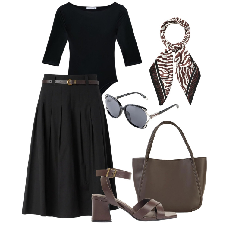 Outfit donna - La longuette per tutti i giorni. Stile Trendy per Tutti i giorni. Abbinamento con sandali col tacco, shopping bag, occhiali da sole, t-shirt, foulard, gonne longuette.
