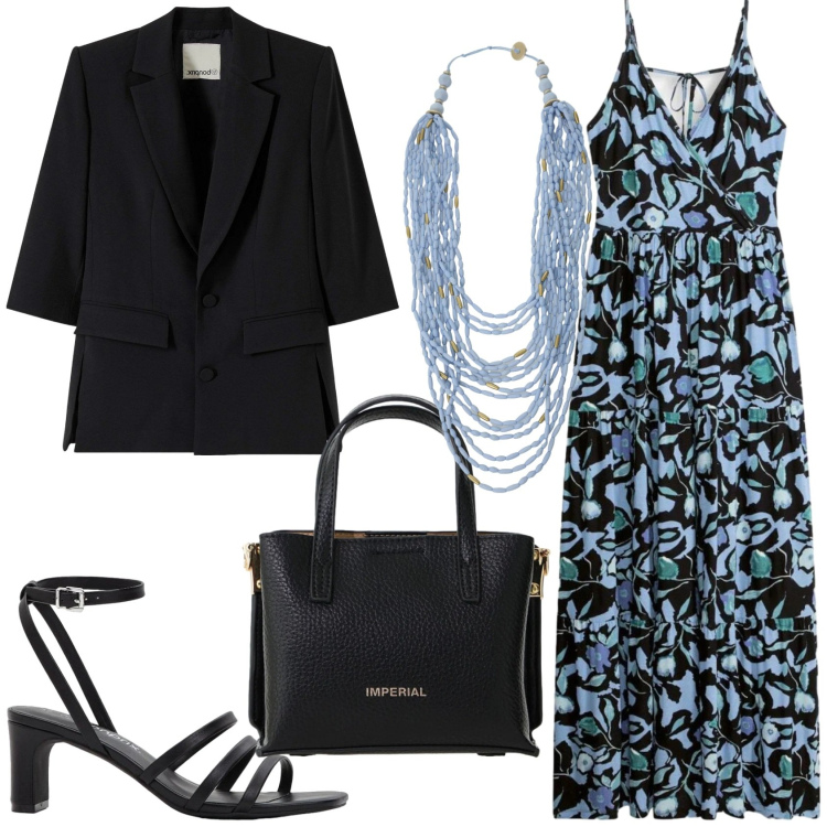 Outfit donna - Invito ad una comunione. Stile Romantica per Cerimonia. Abbinamento con blazer, vestiti lunghi, sandali col tacco, borse a tracolla, collane.